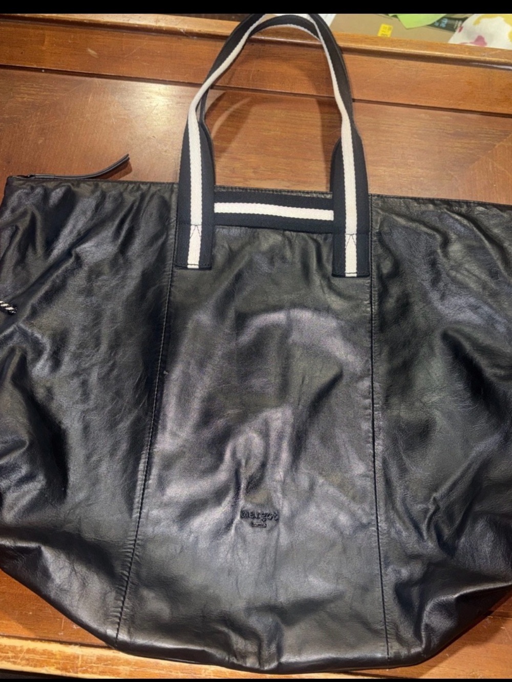 Black Leather Travel Tote with Contrasting Striped Handles